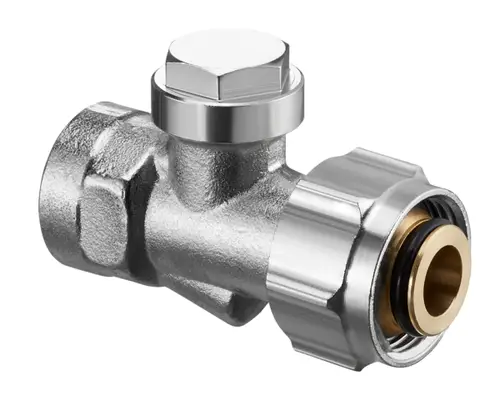 Oventrop Absperrverschraubung mit metallischem Finish, zwei Anschlüssen und einer Überwurfmutter, geeignet für Rohrverbindungen in Heizungs- oder Sanitärinstallationen.